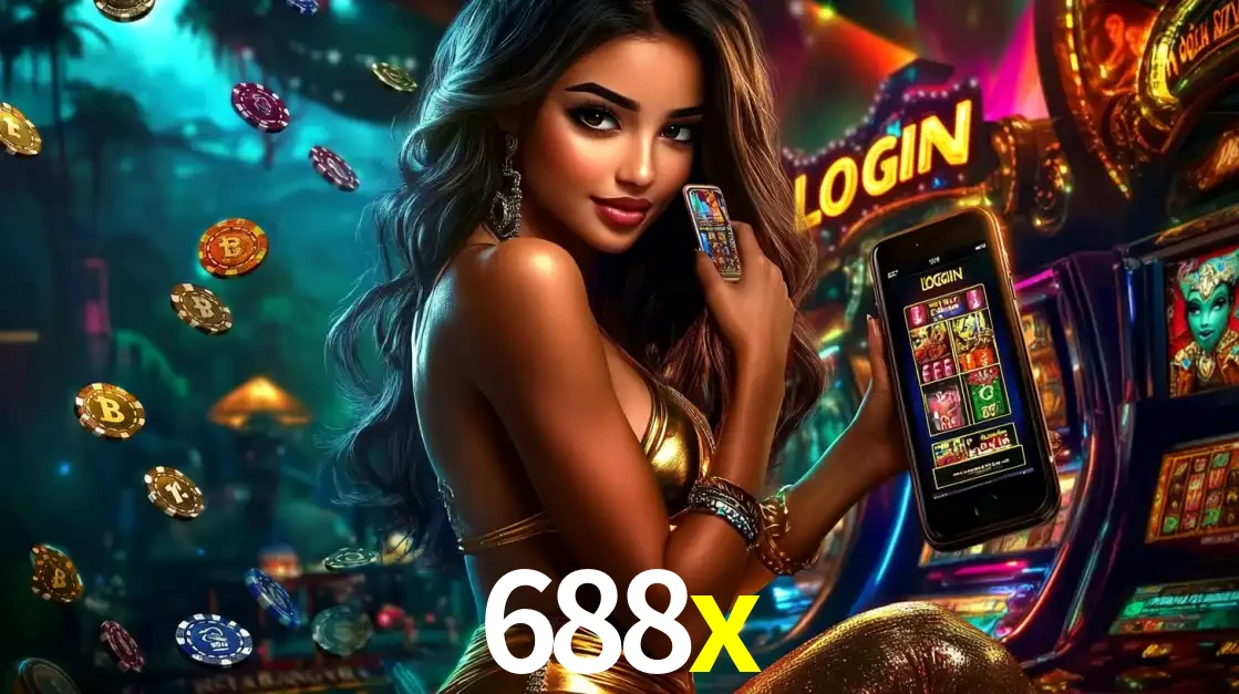 Mulher em um cenário de cassino temático de aventura, mostrando o app de caça-níqueis da 688x no celular. Fichas de apostas flutuam ao redor.