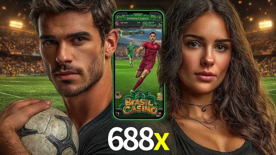 Homem segurando uma bola de futebol e uma mulher ao lado de um smartphone exibindo o jogo de apostas esportivas da 688x. Faça seu palpite no cassino online.
